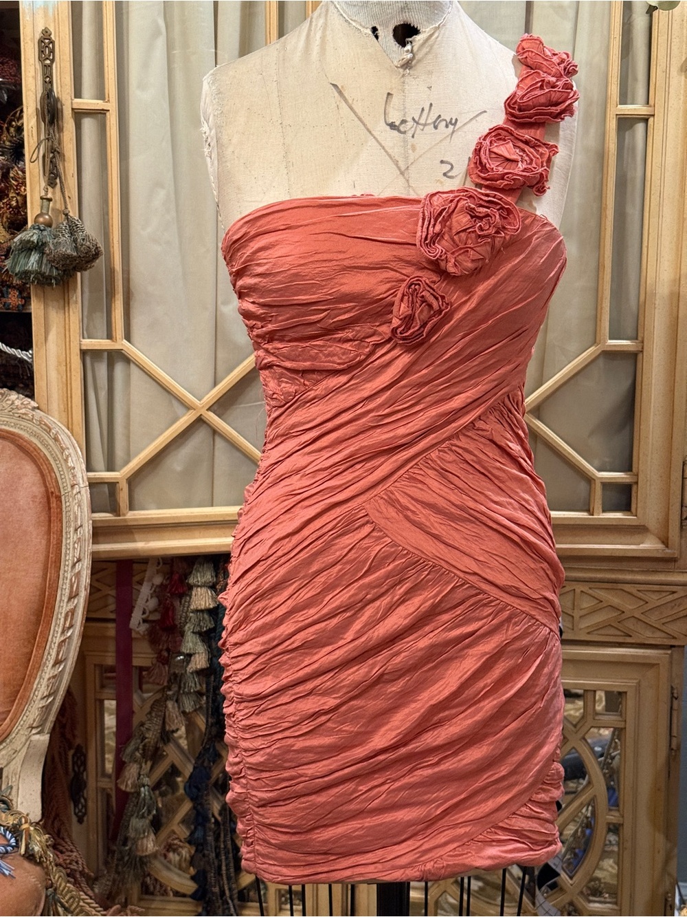 BCBG MaxAzria one -Shoulder Ruching Mini Dress with Rosette Details - Coral